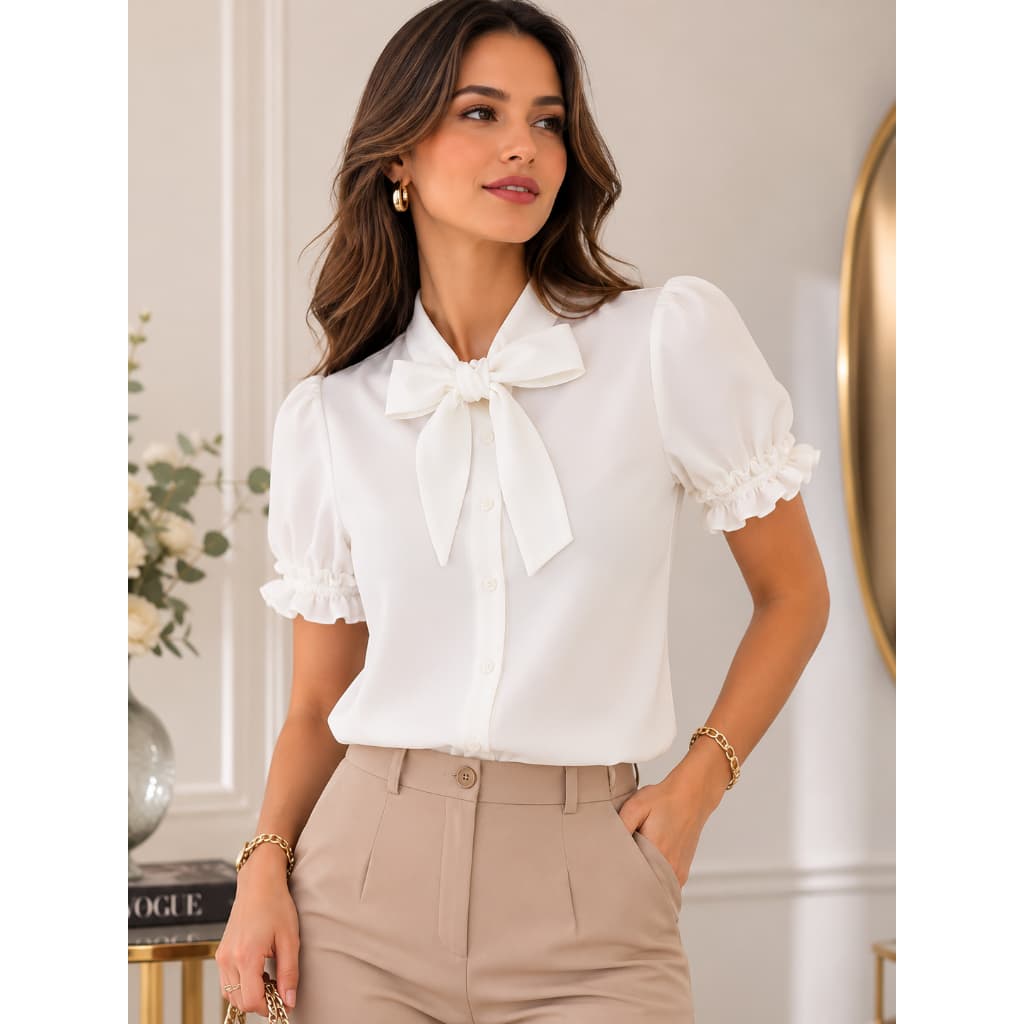 Camisa Feminina Social Branca com Laço na Gola Manga Bufante Elegante
