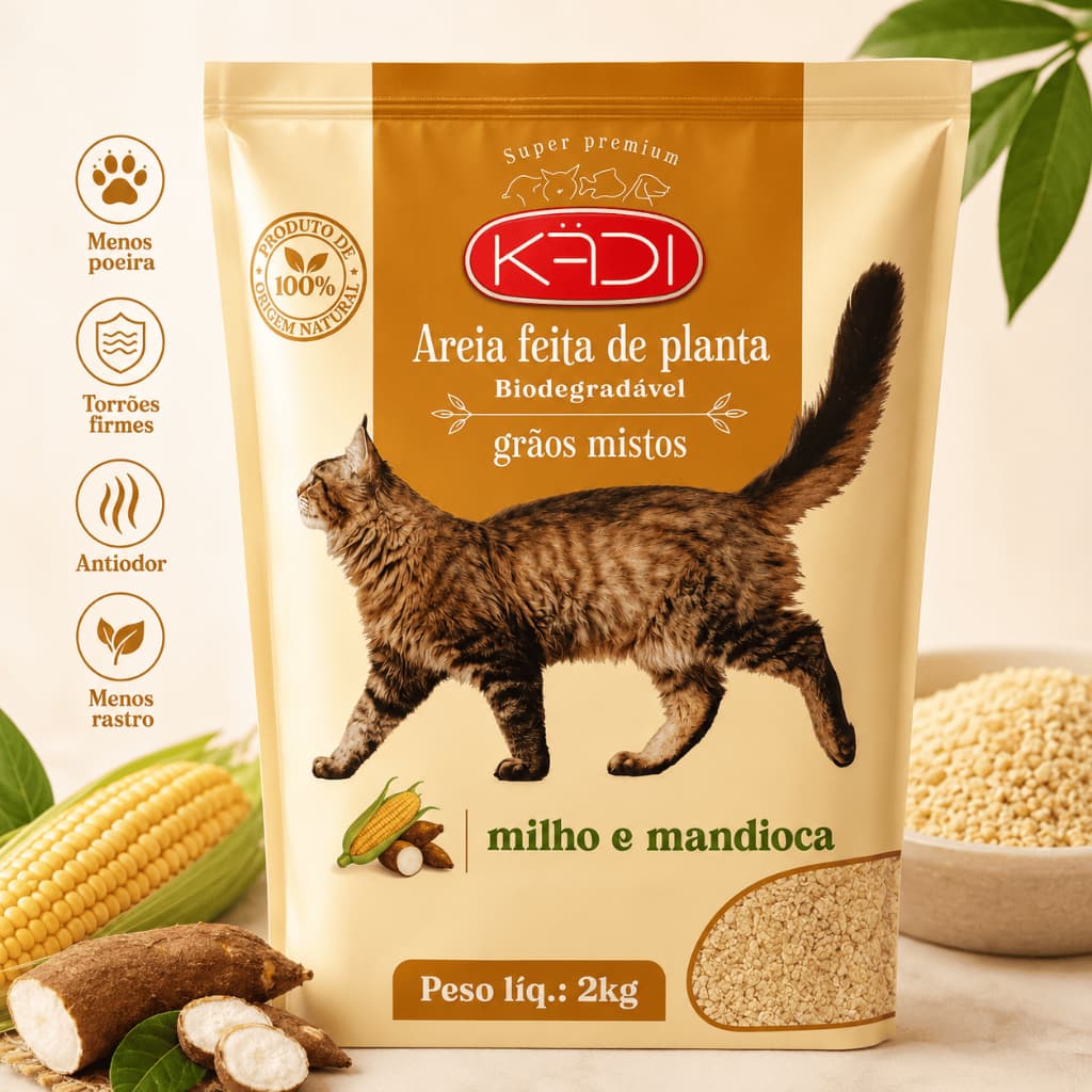 Areia Higiênica para Gatos KADI 2kg Biodegradável Milho e Mandioca Antiodor