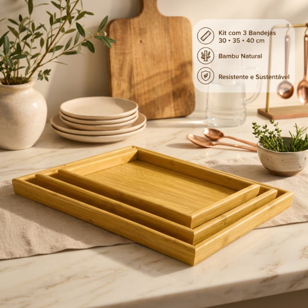 Kit 3 Bandejas De Bambu Retangular 30/35/40cm Para Cozinha Servir Café da Manhã Decorar