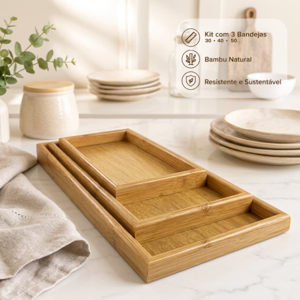 Kit c/ 3 Bandeja Bambu Retangular 30cm|40cm|50cm De Café da Manhã Decorativa Moderna Elegante