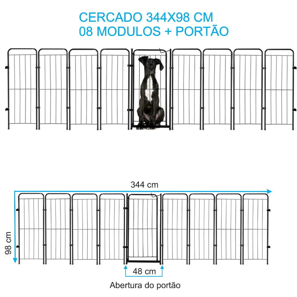 Cercado Grade 344x98cm Portão + 8 Módulos Segurança Pet Cães Cachorro