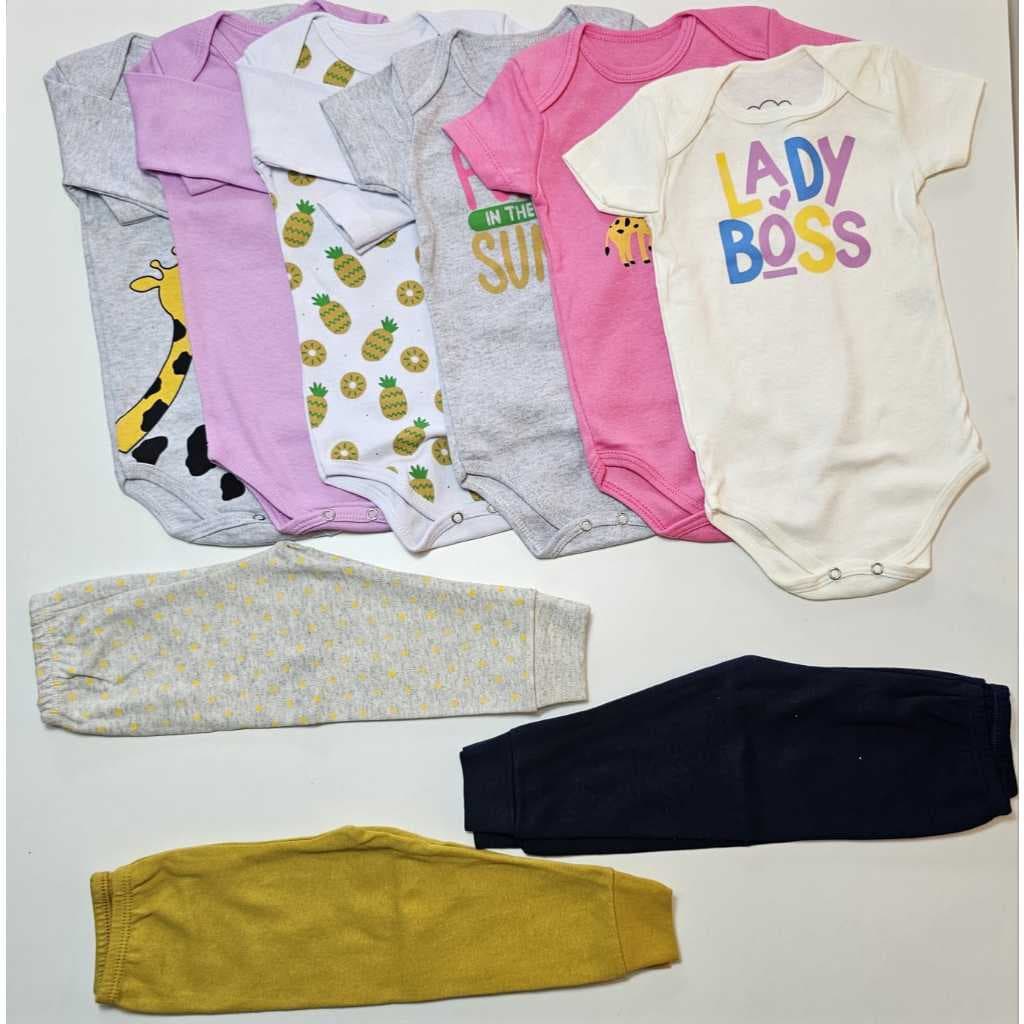 KIT 9 peças Bebê Menina - 6 bodys + 3 calças Malha Algodão Serafina