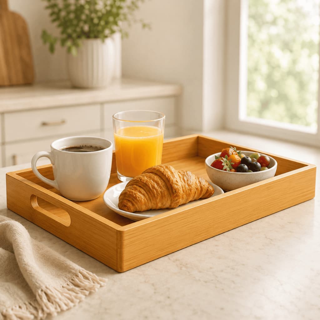 Bandeja De Bambu Retangular Com Alça Cantinho Do Café Grande Decorativa Multiuso