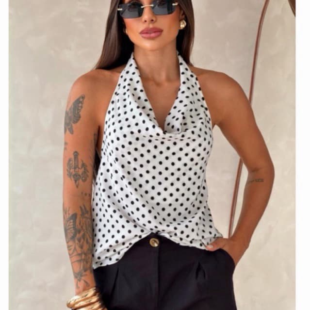 blusa frente única Feminina Em poá decote profundo tendência europeu 2026  bolinhas Casual Moda top outono primavera