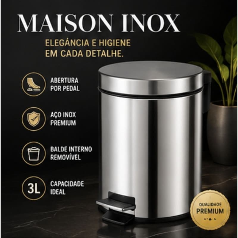 Lixeira Inox 3L com Pedal Balde Removível Banheiro Lavabo Escritório Design Moderno