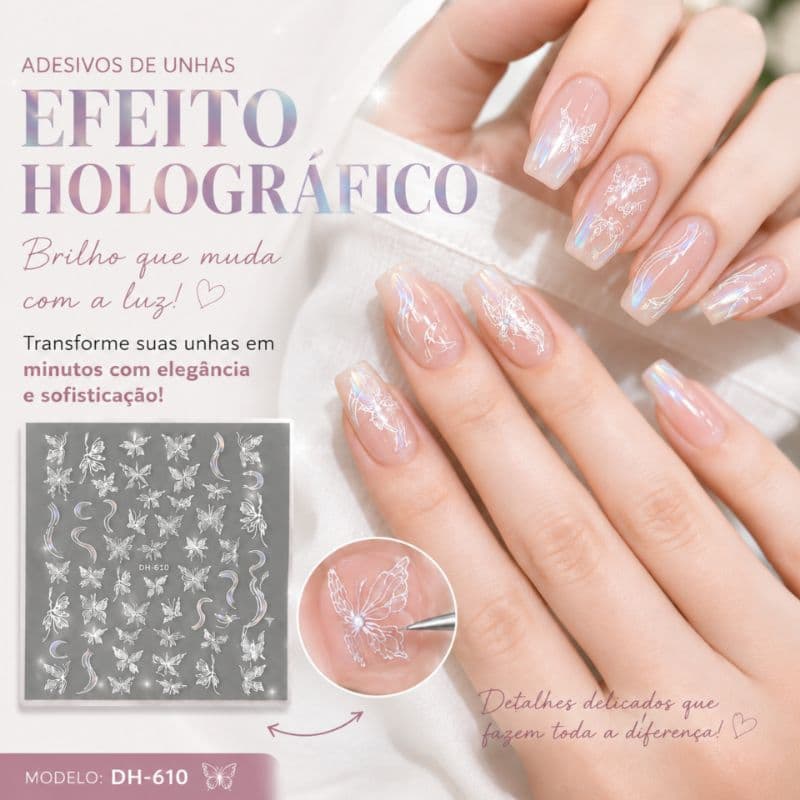 Adesivos de Unha 5D Borboletas Holográfica Furta-cor Brancas – Nail Design Autocolante | Modelo DH-610
