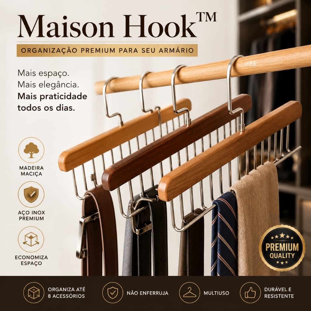 Maison Hook™ Cabide Organizador de Madeira com 8 Ganchos em Aço Inox para Cintos, Gravatas, Lenços e Closet