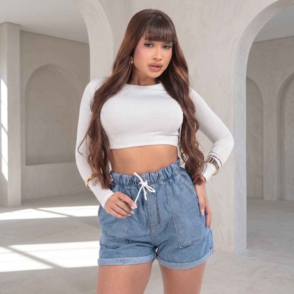 Short Jeans Feminino Cintura Alta Cós Elástico Cordão Ajustável Barra Dobrada