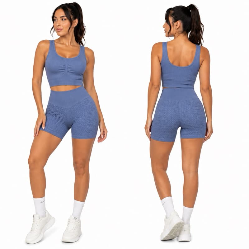 Conjunto Academia Feminino Cropped Seamless Canelado Empina Bumbum Short Cintura Alta Zero Transparência