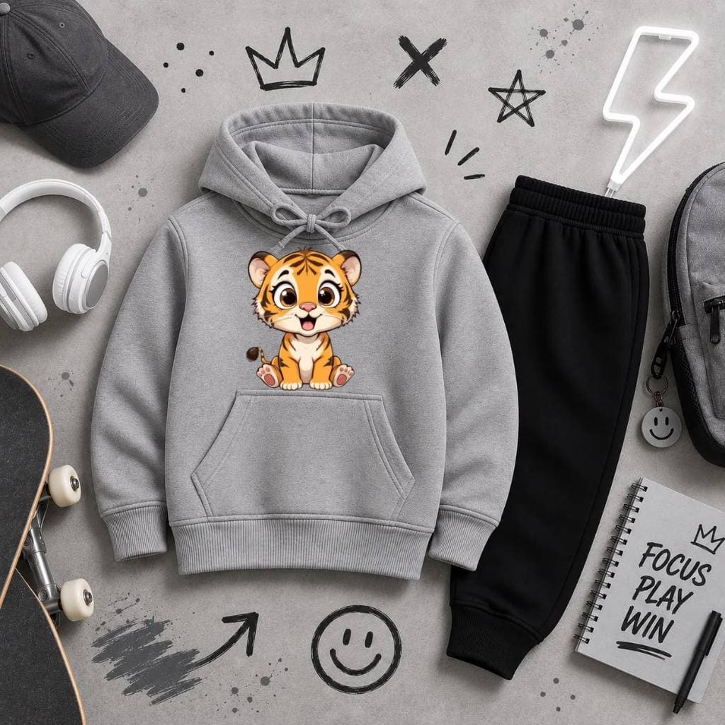 Conjunto de Moletom Infantil Canguru Estampa de Tigrinho Delicado com Capuz Bolso Frontal Calça Quentinha Roupa Casual