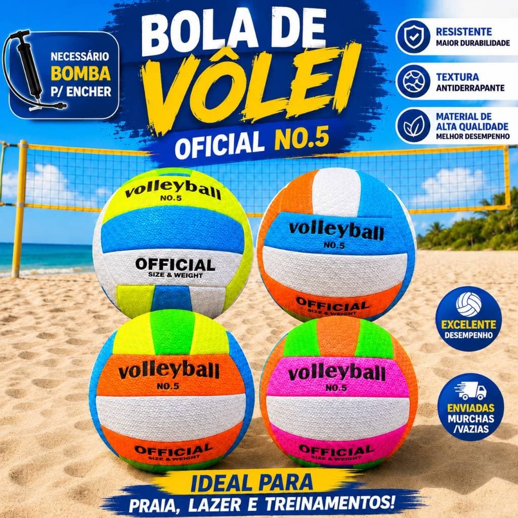 Bola de Vôlei Oficial Nº 5 Colorida | Bola para Praia, Quadra, Treinos e Lazer | Material Resistente | Enviada Murcha