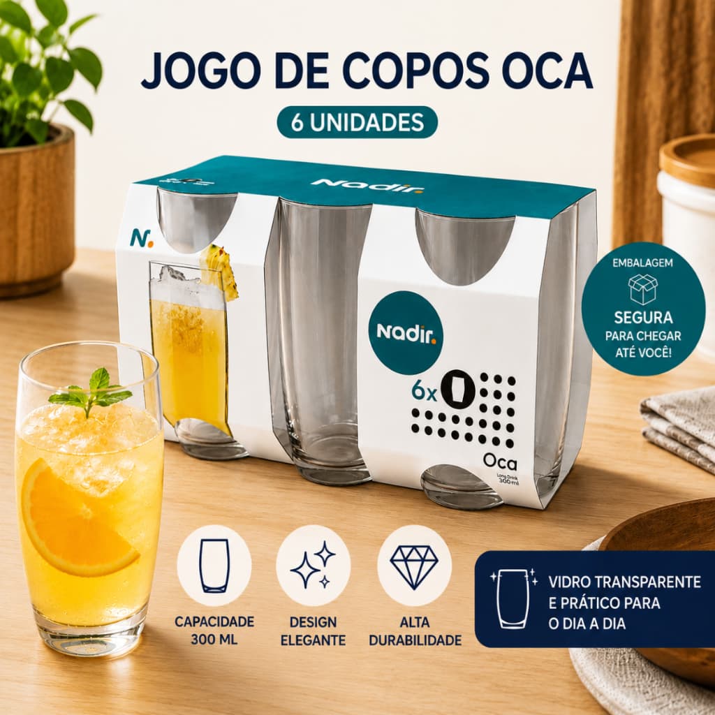 Jogo de Copos Nadir Oca 300ml 6 Peças Copo de Vidro Long Drink