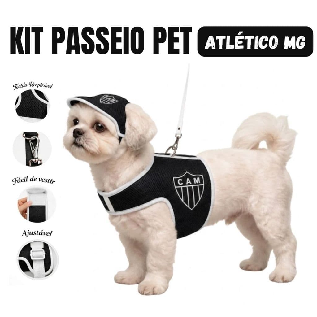 Kit Atletico mineiro Colete Peitoral cachorros e gatos Time de Futebol atletico mg com Guia 1 Metro