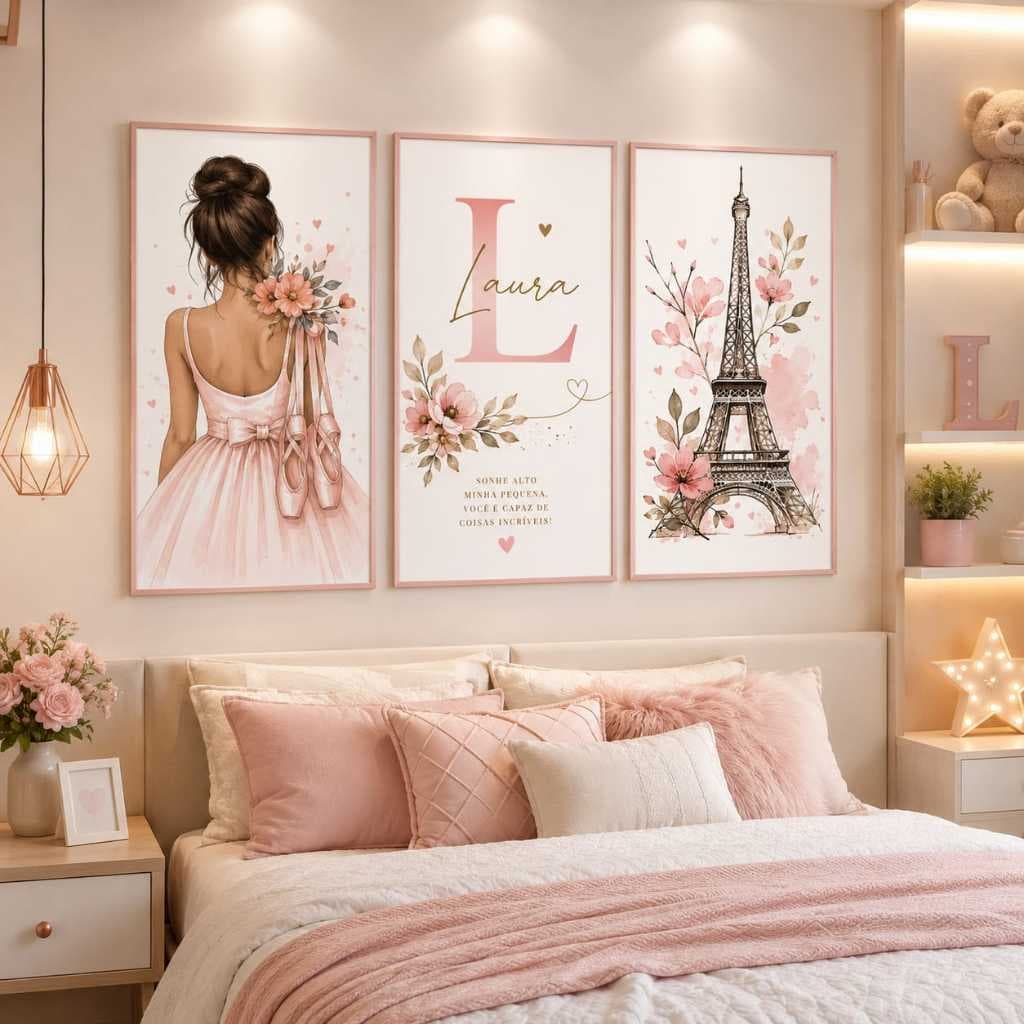 Kit Quadro Decorativo Sala Quarto Menina Infantil Bailarina Personalizado Com Nome Torre Eiffel Paris