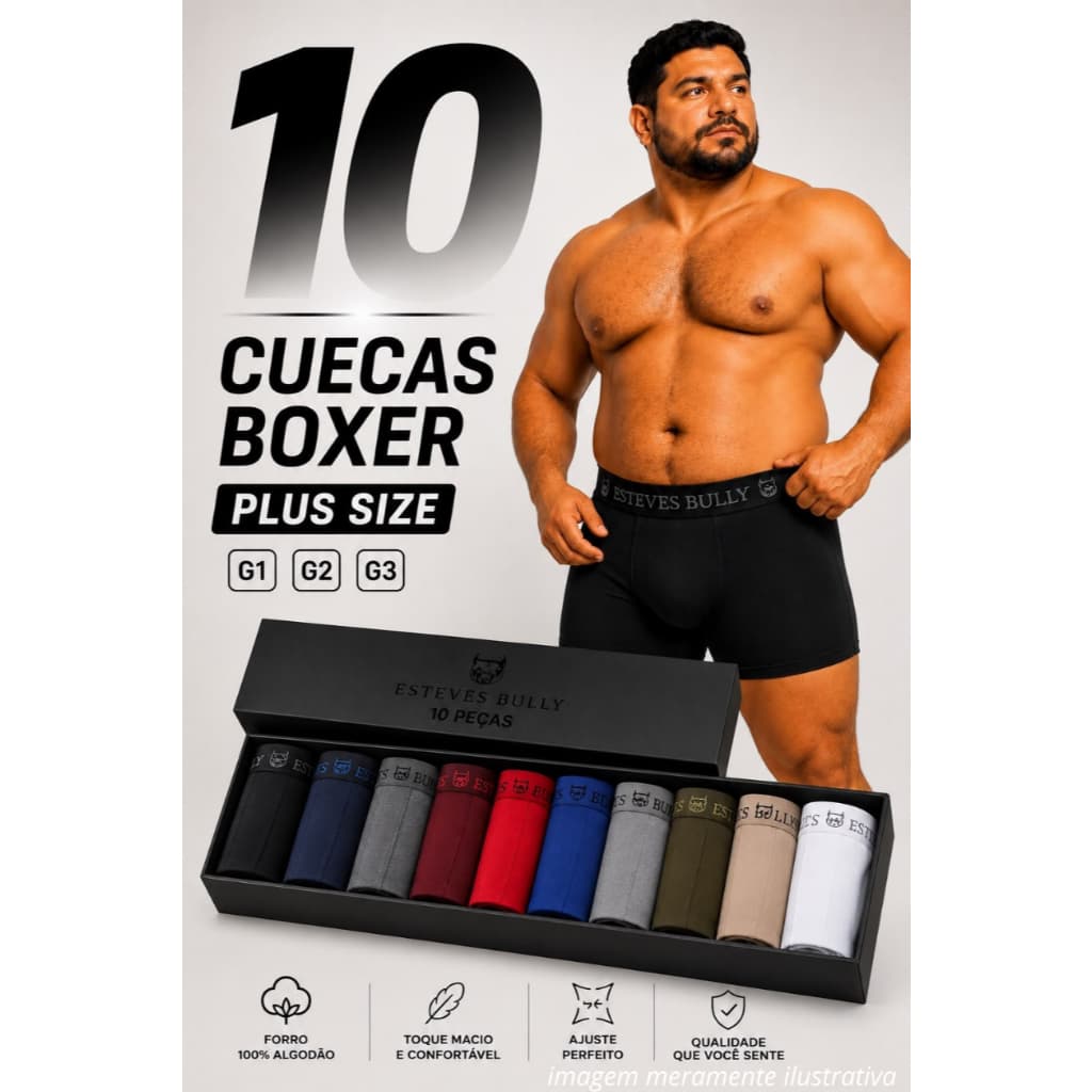 Kit 10 Cuecas Boxer Adulto em Microfibra com Forro 100% Algodão Antialérgico Não Aperta e não Enrola