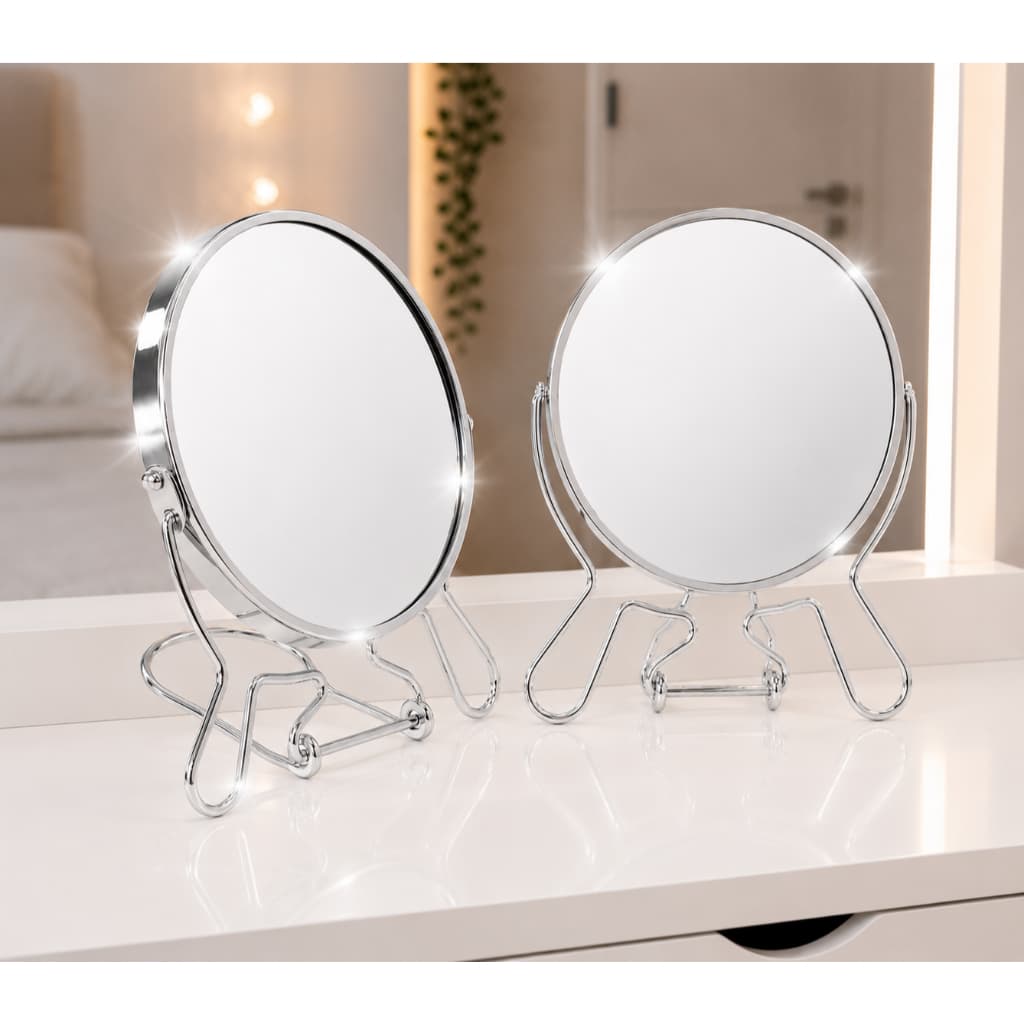 Espelho de Mesa Redondo 6" com Suporte Cromado Dupla Face Decorativo para Maquiagem Banheiro Penteadeira