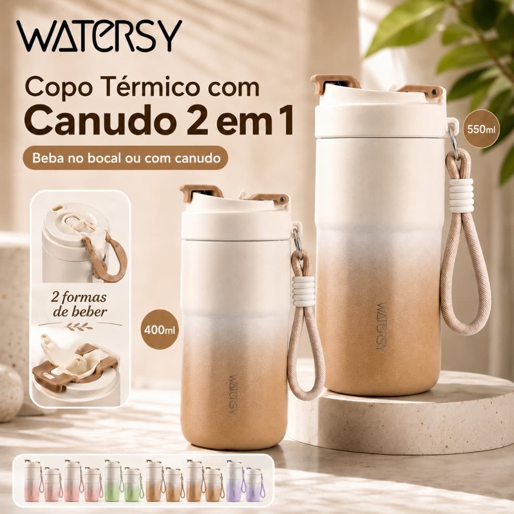 Garrafa Térmica WATERSY para Café Inox 304 com Canudo - 400/550ml Quente/Frio Portátil