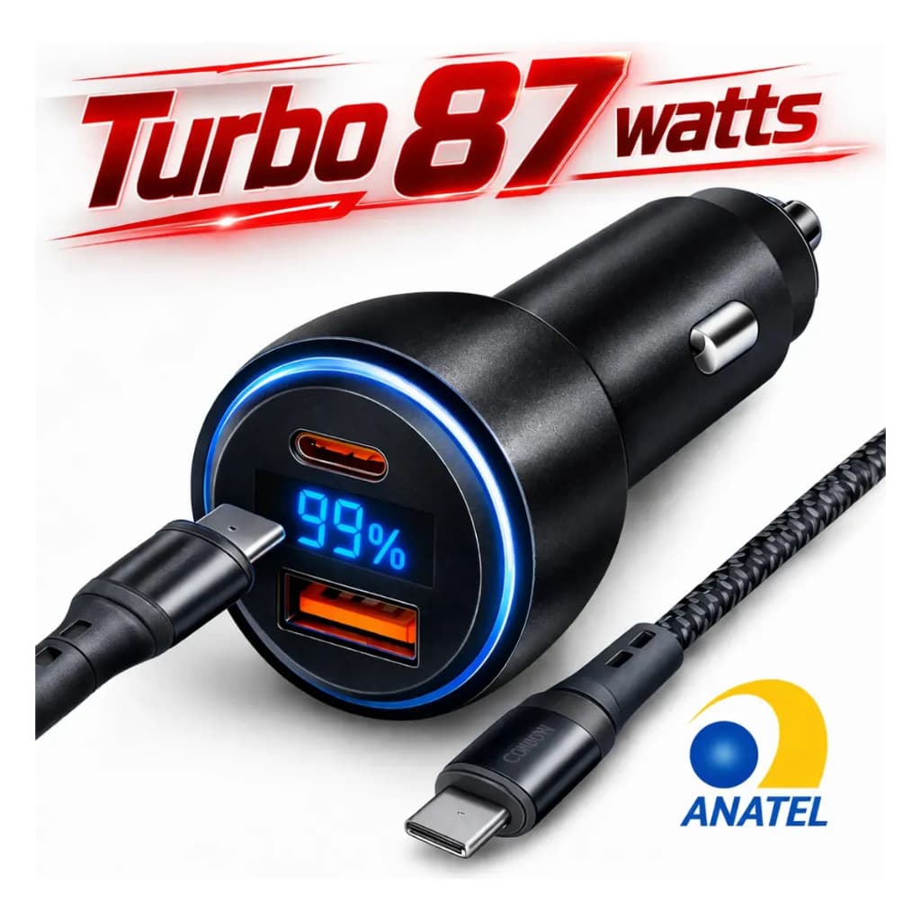 Carregador Veicular Turbo com 87.5W Entradas USB e Tipo C com ou sem Cabo Fonte Carro Automotivo