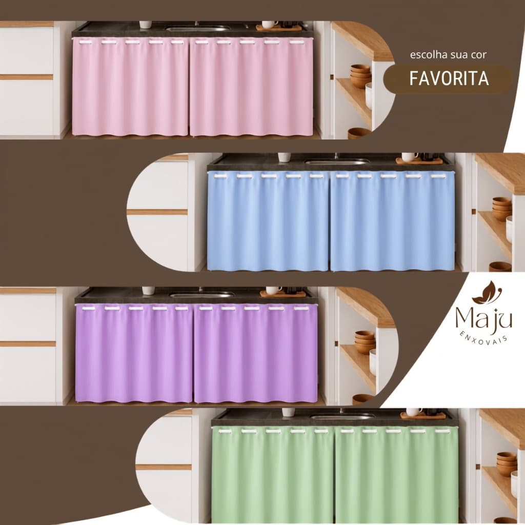 Cortina de Pia 2,00x0,90 com ilhós, várias cores, tecido resistente e toque elegante para sua cozinha.