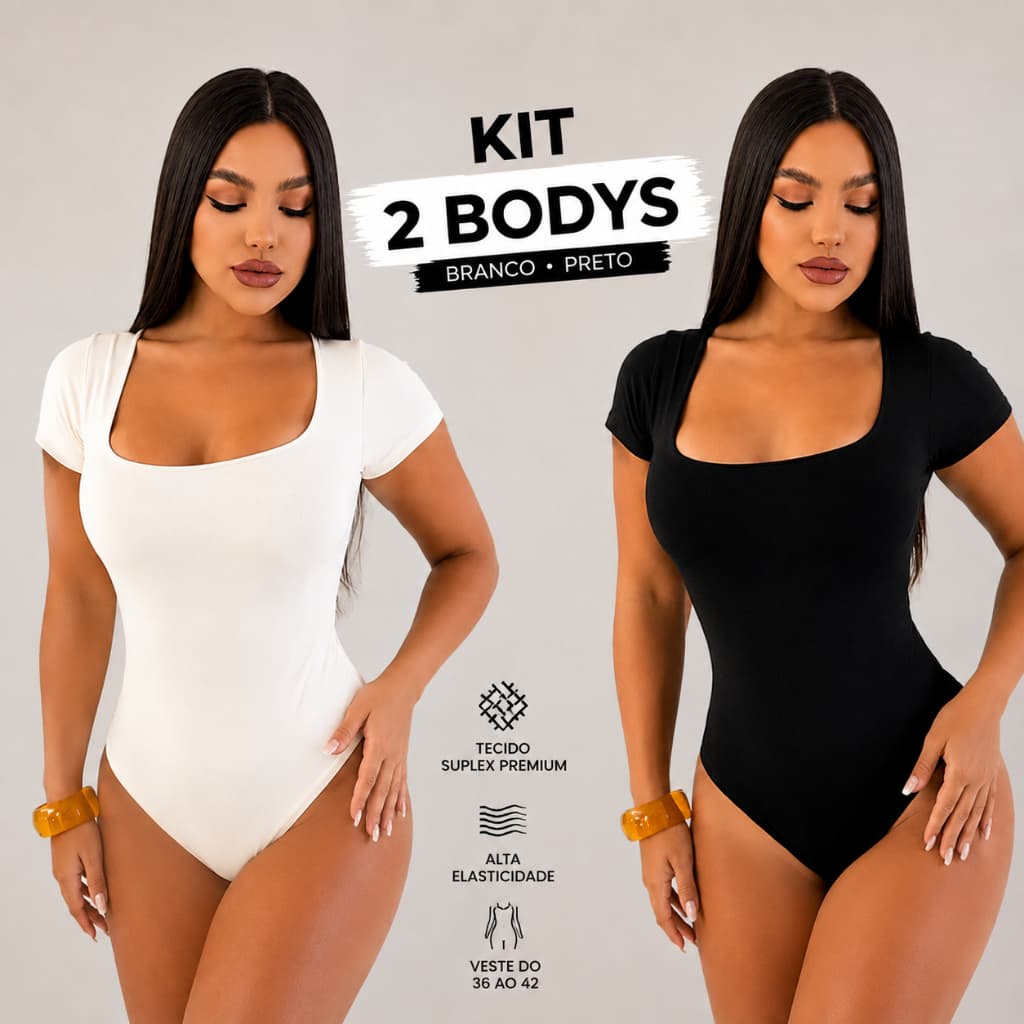 KIT 2 Body BORI Bodi Collant Feminino Manga Curta Decote Quadrado Suplex Decotado Casual Básico.