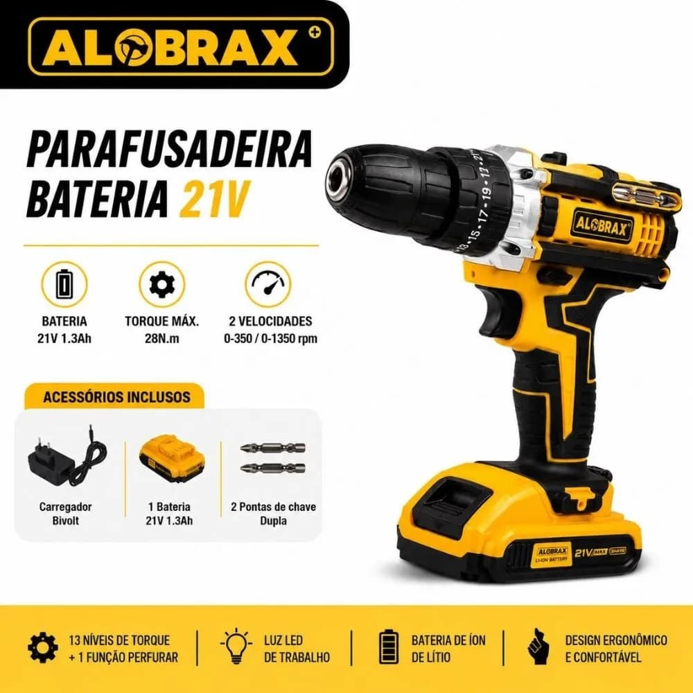 Parafusadeira Sem Fio Alobrax Parafusadeira Potente 21v - obra-101