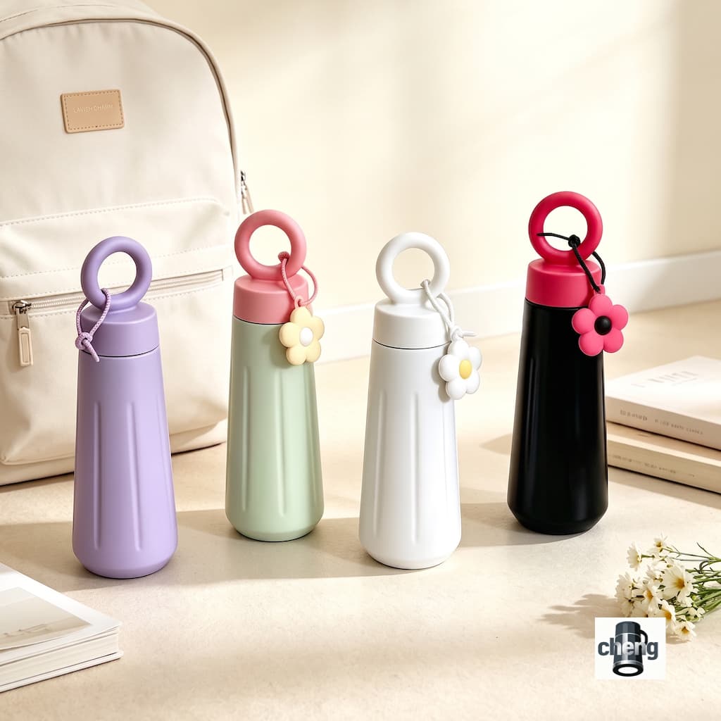 Garrafa Térmica Escolar Academia Fofa Com Pingente De Flor Copo Inox 450ml Portátil