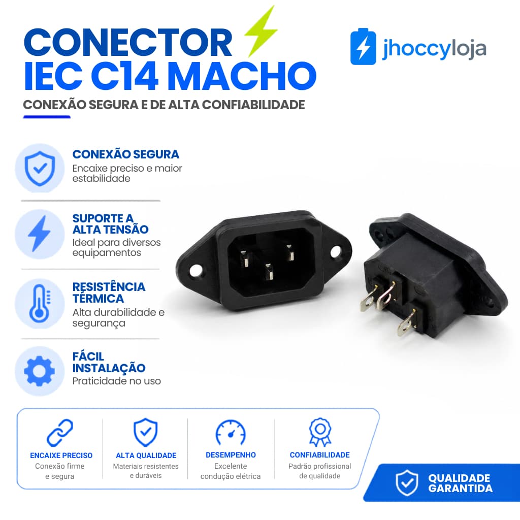 Conector IEC C14 Macho Painel 3 Pinos Tomada AC Bivolt 10A 250V