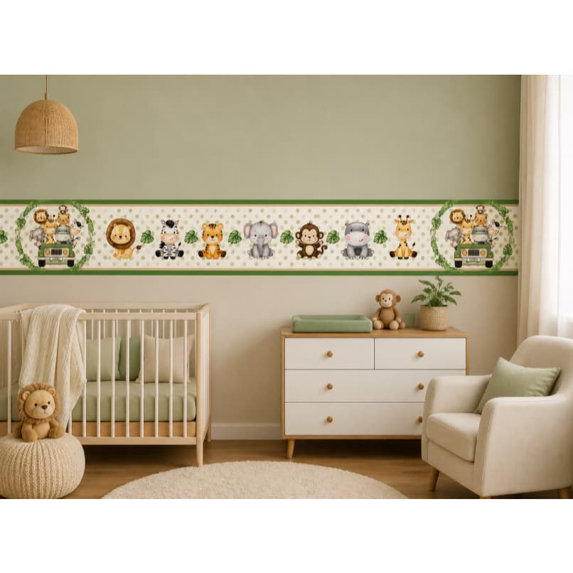 5 Metros FAIXAs DECORATIVAs QUARTO INFANTIL SAFARI Borda Verde - Enxoval