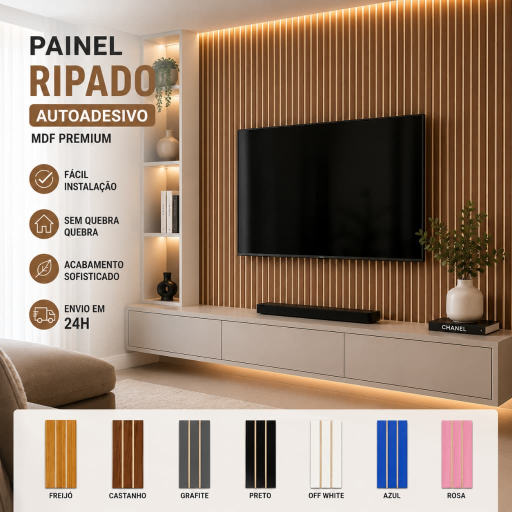 Painel Ripado Autoadesivo MDF 45x11cm Kit Até 40 Placas Revestimento Decorativo Parede Envio 24H