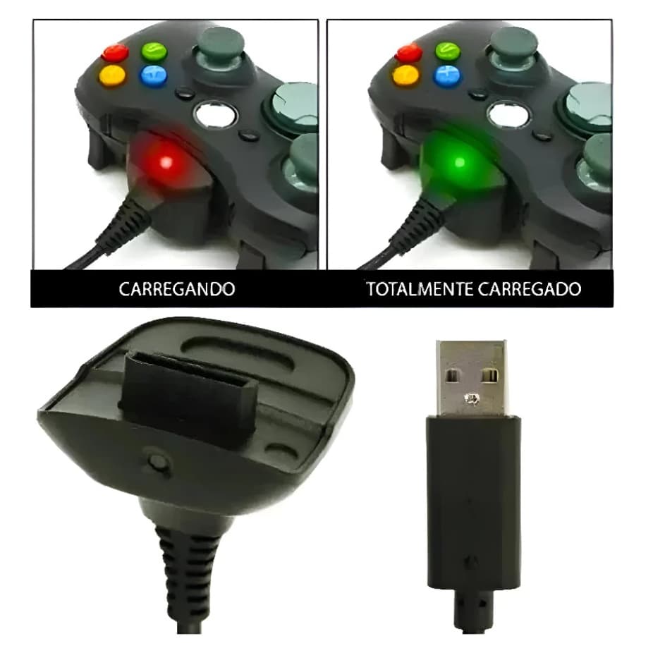Kit 1 Bateria P/ Controle Xbox 360 + 1 Cabo Carregador 1.4m Carregador Controle PC