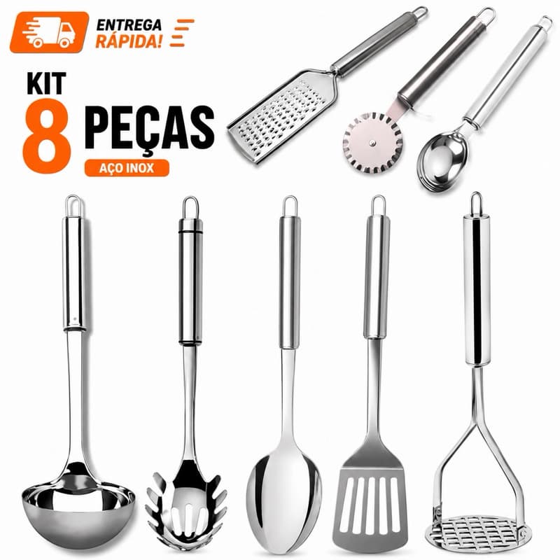 Kit C/8 Utensílios Cozinha Colher Concha Pegador Massa Amassador Batata Espatula Colher Sorvete Cortador Massa Ralador
