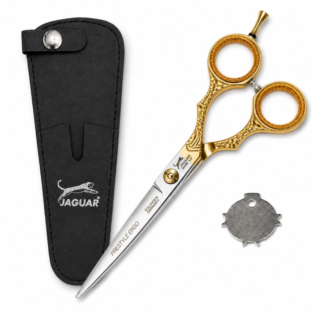 Tesoura Profissional Jaguar Prata c Dourado 6”, 6,5” ou 7” Fio Laser Navalha Barbeiro Cabeleireiro