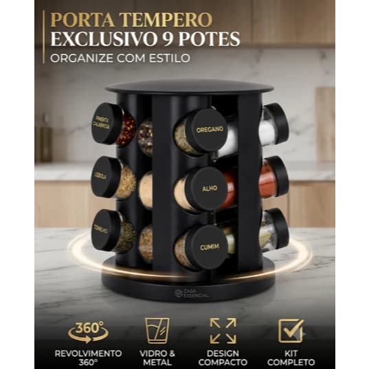 Porta Condimentos Temperos Giratório 9 Potes De Vidro