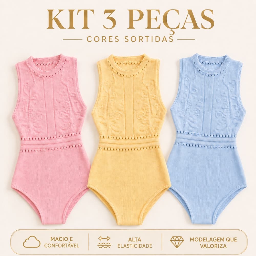 Kit 3 Bodys Femininos de Tricô Modal Regata Gola Redonda com Detalhes Vazados Cores Sortidas