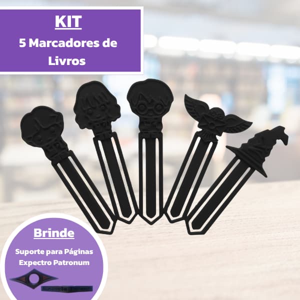 Kit com 5 marcadores para livros Harry Potter + Brinde