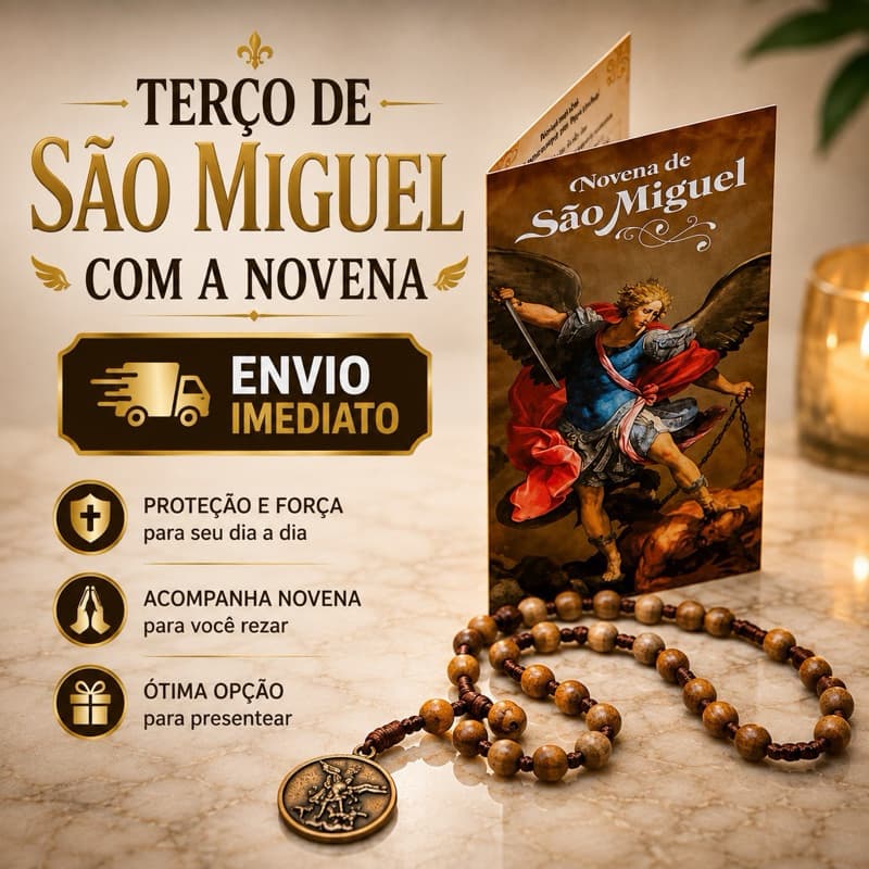 Terço de São Miguel Arcanjo em Madeira 24cm com Novena e Medalha – Contas 6mm
