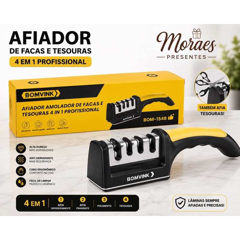 Afiador profissional 4 em 1 para facas e tesouras. Seguro, resistente, prático e indispensável na cozinha.