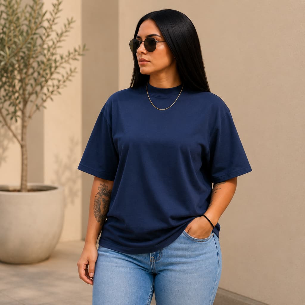 Camiseta Feminina Boxy Manga Oversized Gola Alta 100% Algodão Moda Blogueira