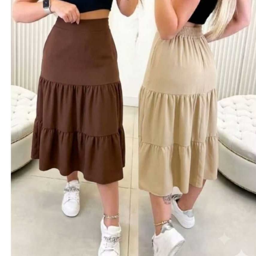SAIA FEMININA MIDI LISA MODA EVANGÉLICA TRES MARIAS FORRADO COM ELÁSTICO NAS COSTAS TENDENCIA 2026 ( NÃO DESBOTA )