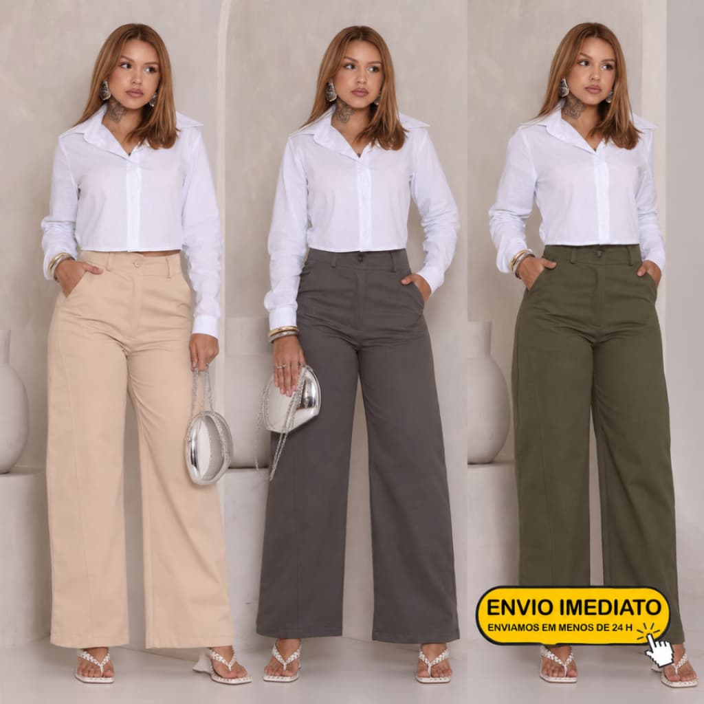 Calça Pantalona Feminina Baggy Cintura Alta em Sarja com Bolsos Laterais