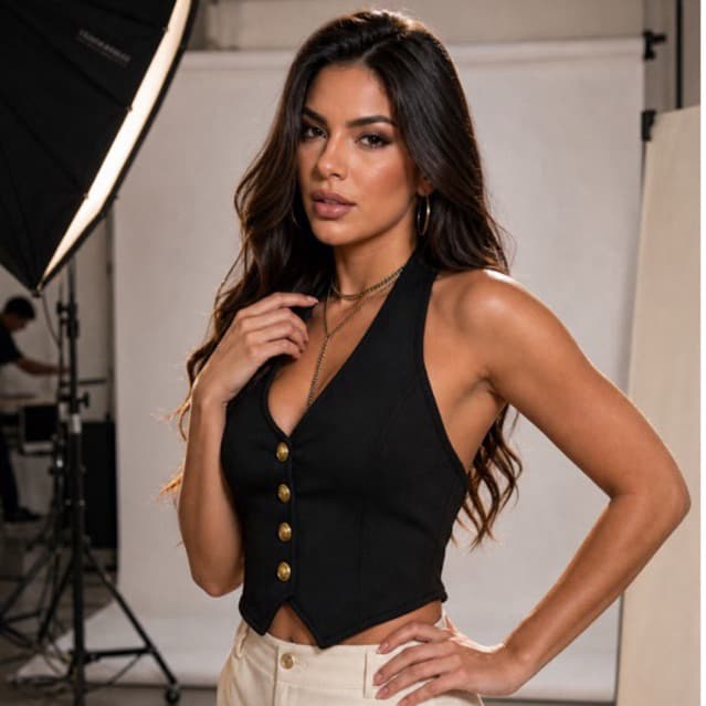 CROPPED FRENTE ÚNICA COM BOTÕES EM NEOPRENE ALFAIATARIA tendência verão Izadora