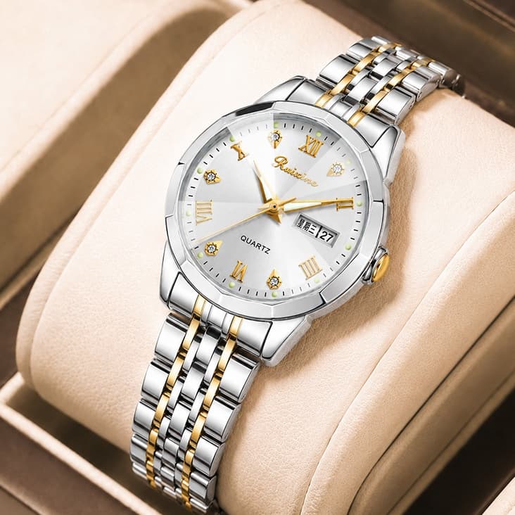 Relógio Feminino Quartz Mostrador, Pulseira Bicolor Aço, Calendário Duplo, Vidro Mineral,Resistente à Água 30M Presente