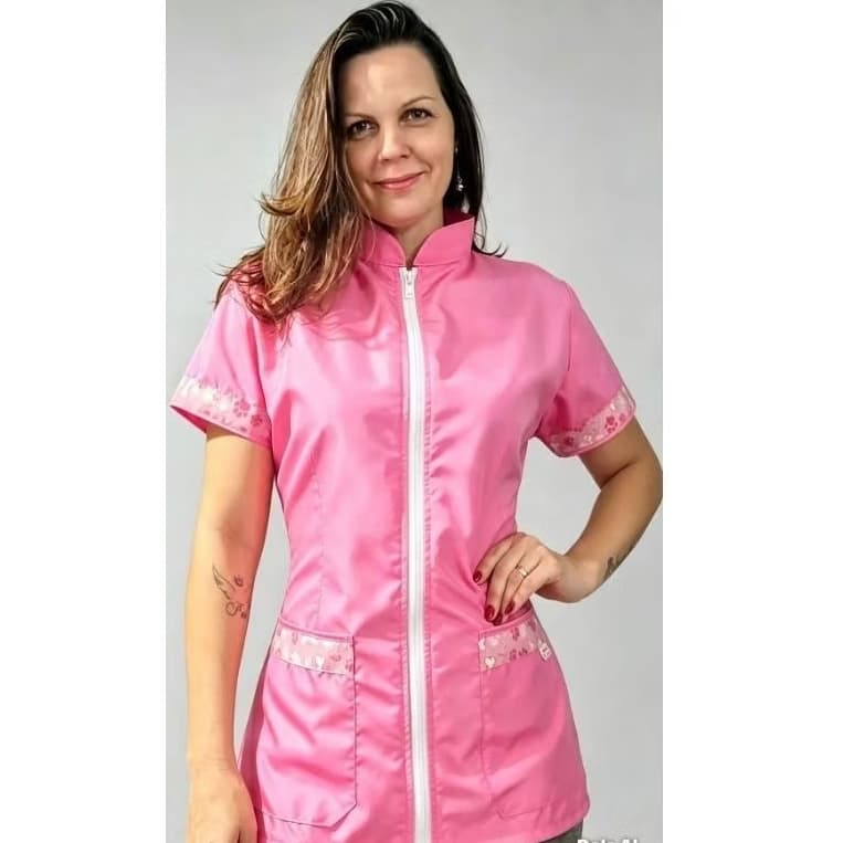 Jaleco banho e tosa anti pelos com elastano Rosa com detalhes pet