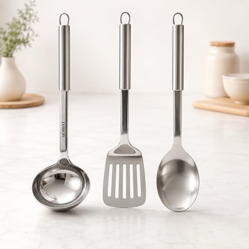kit 3 Utensílios De Cozinha Em Aço Inox Concha Colher  Espátula Cozinha