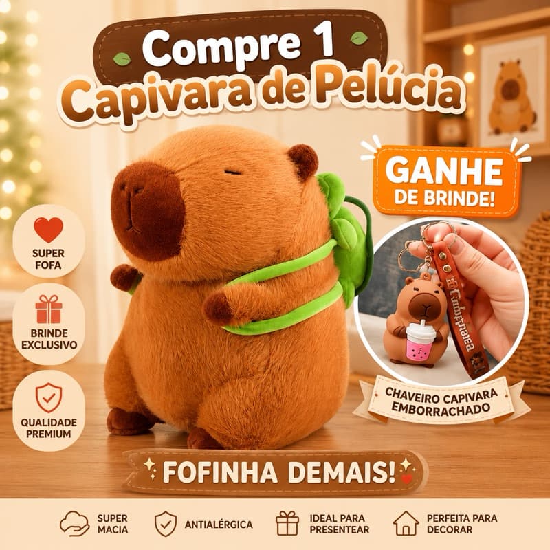 Capivara de Pelúcia Antialérgica Super Macia com Brinde Chaveiro Capivara Emborrachado