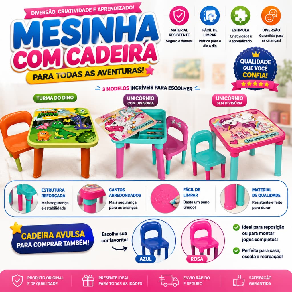 Mesa Infantil com Cadeira para Atividades Criança Estudo Desenho Escolha o Tema e Modelo e preferido