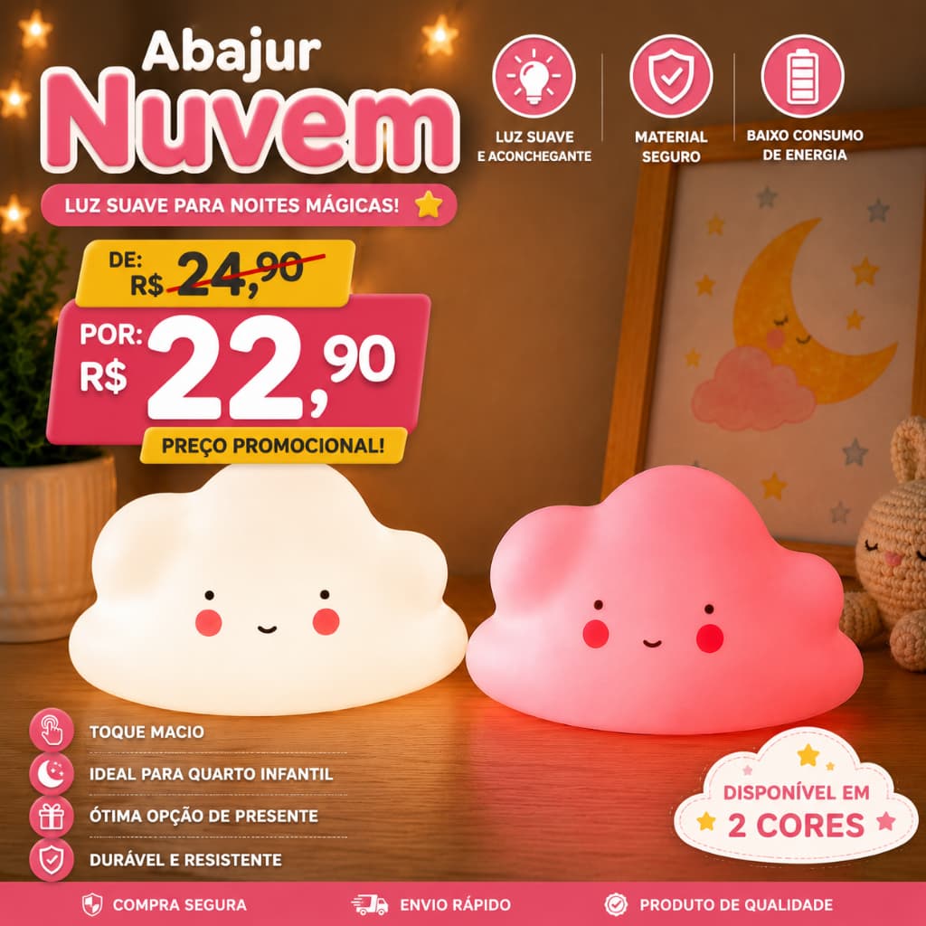 Luminária Nuvem LED Infantil. Luz Noturna Quarto Bebê Decorativo Rosa e Branco