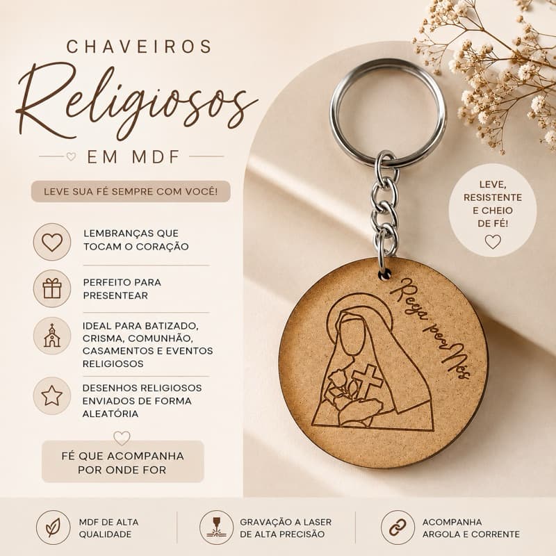 Chaveiro Religioso em Mdf | Lembrancinha para Batizado, Crisma, Primeira Comunhão, Casamento, Eventos e Presentes