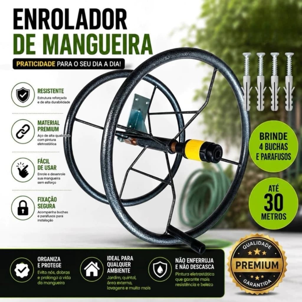 Suporte Mangueira Jardim Externo Organizador Giratório Enrolador Mangueira 30m + Buchas e Parafusos