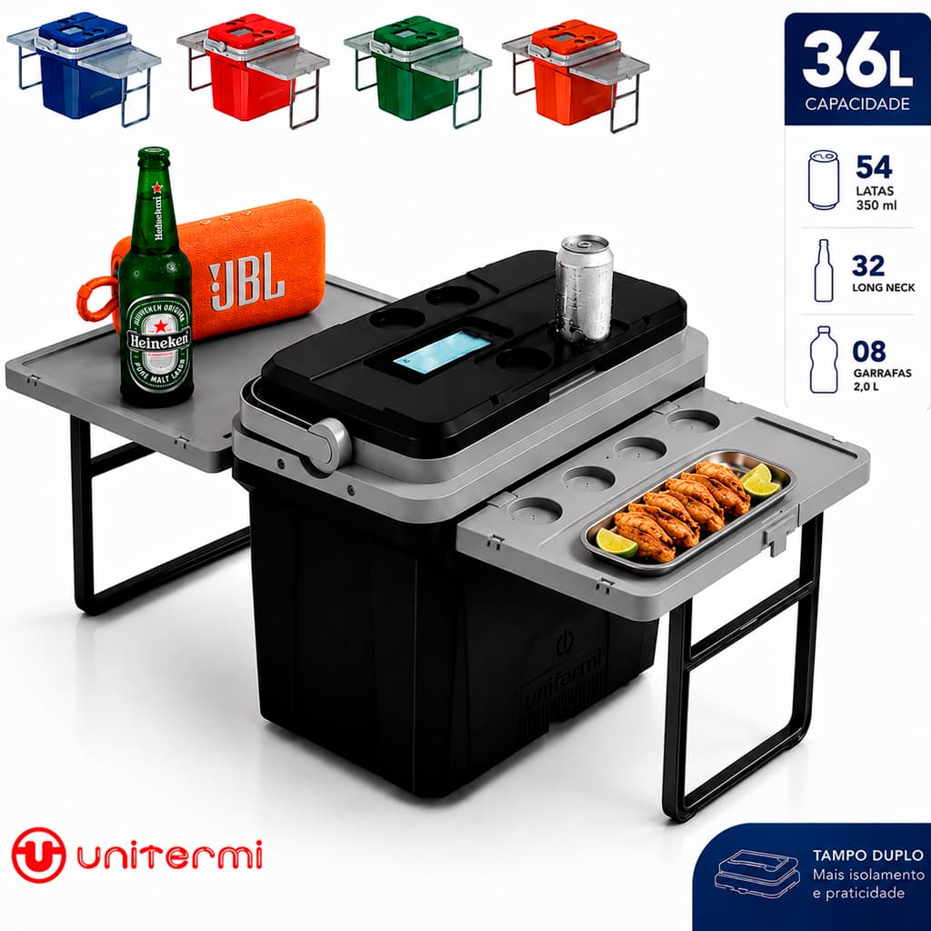 Super Caixa Termica Cooler Multifuncional 36 L Jurere Mesa Laterais Embutidas Dobrável Camping Praia